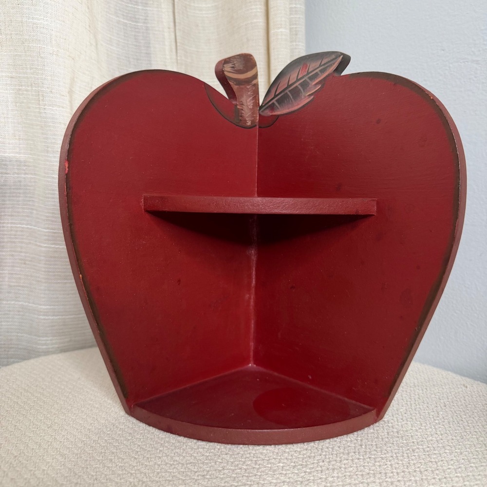 90s Vintage Apple Corner Shelf Wood Wall Hanging Red Country Cottage Decor Small